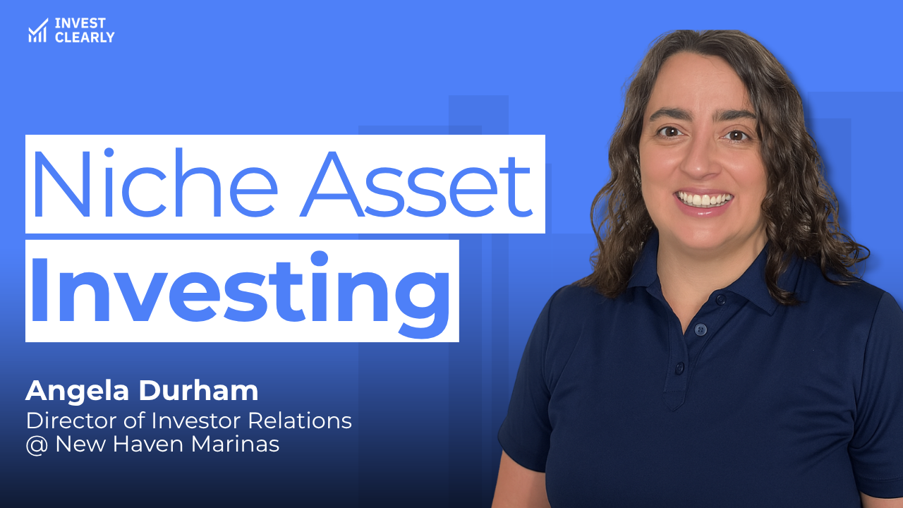 A promotional graphic for Invest Clearly featuring Angela Durham, Director of Investor Relations at New Haven Marinas. The text reads “Niche Asset Investing.” Angela is smiling and wearing a navy blue collared shirt against a blue gradient background with subtle geometric shapes and the Invest Clearly logo in the top left corner.